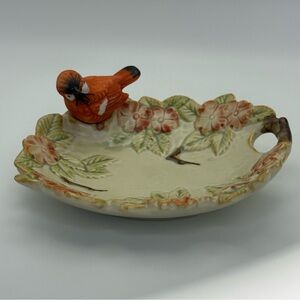 Vintage Takahashi Trinket Dish featuring a Cardinal and embossed floral design
